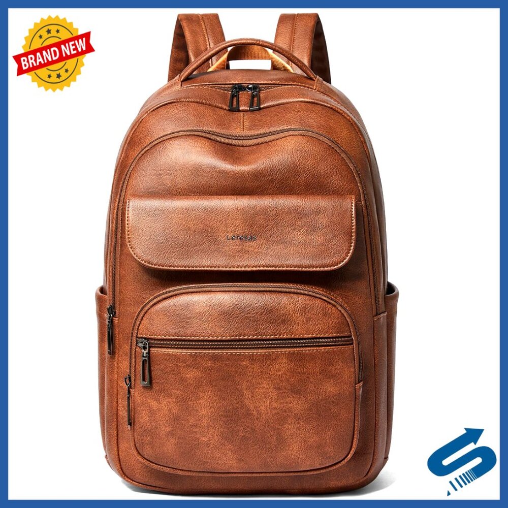 Vegan Leather Laptop Backpack 37l Spacious Travel Work Daypack Convertible